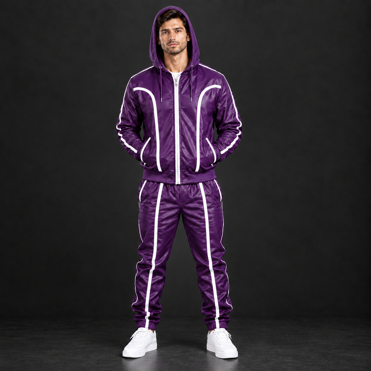 Cowhide Leather Tracksuit – Hooded Jacket & Jogger Set [Purple/White]