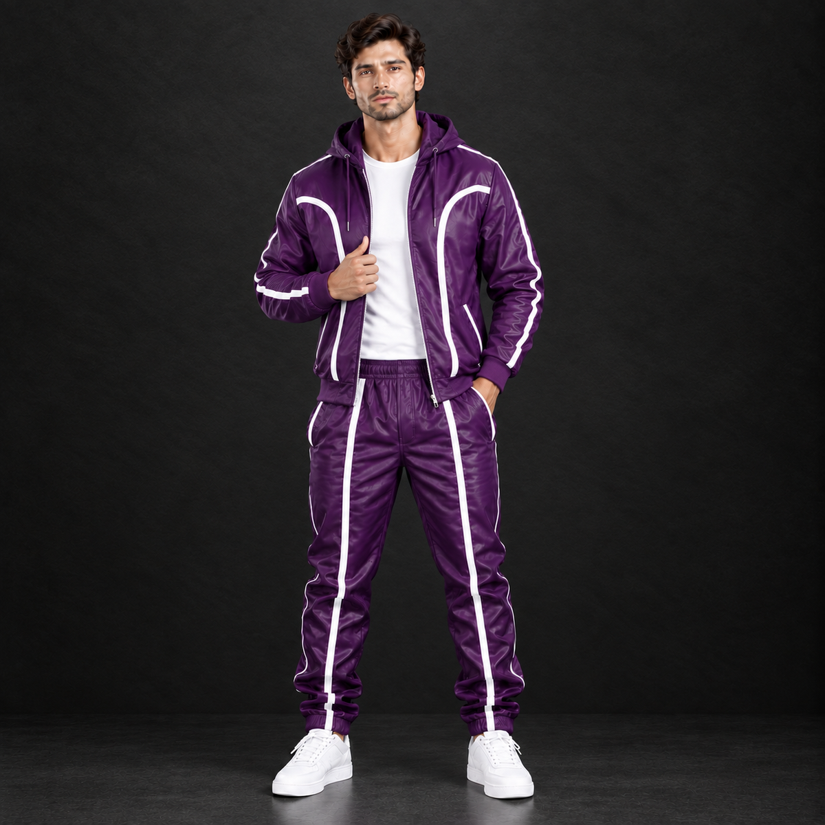 Cowhide Leather Tracksuit – Hooded Jacket & Jogger Set [Purple/White]