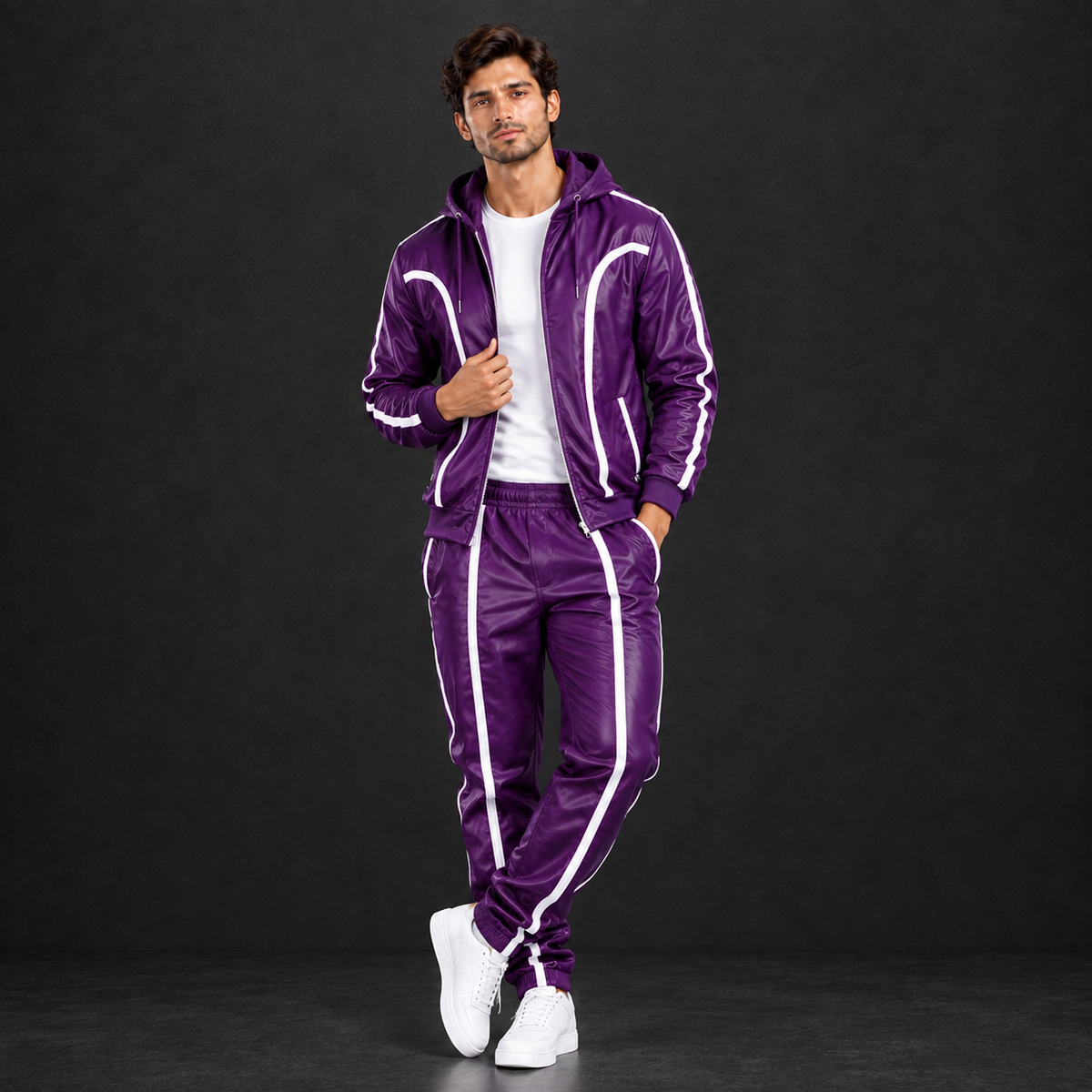 Cowhide Leather Tracksuit – Hooded Jacket & Jogger Set [Purple/White]