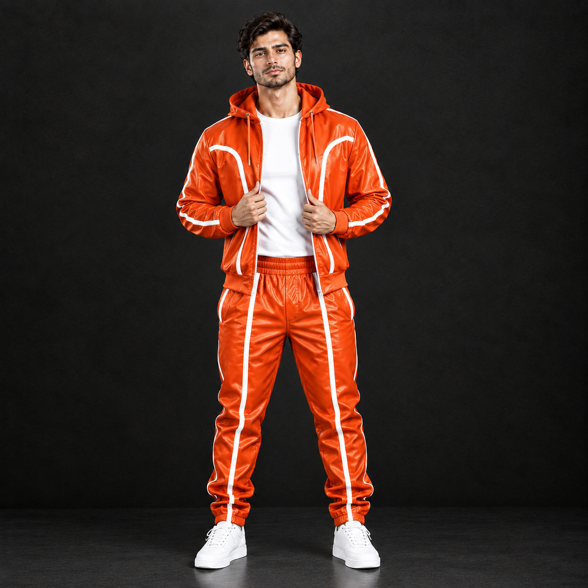 Cowhide Leather Tracksuit – Hooded Jacket & Jogger Set [Orange/White]