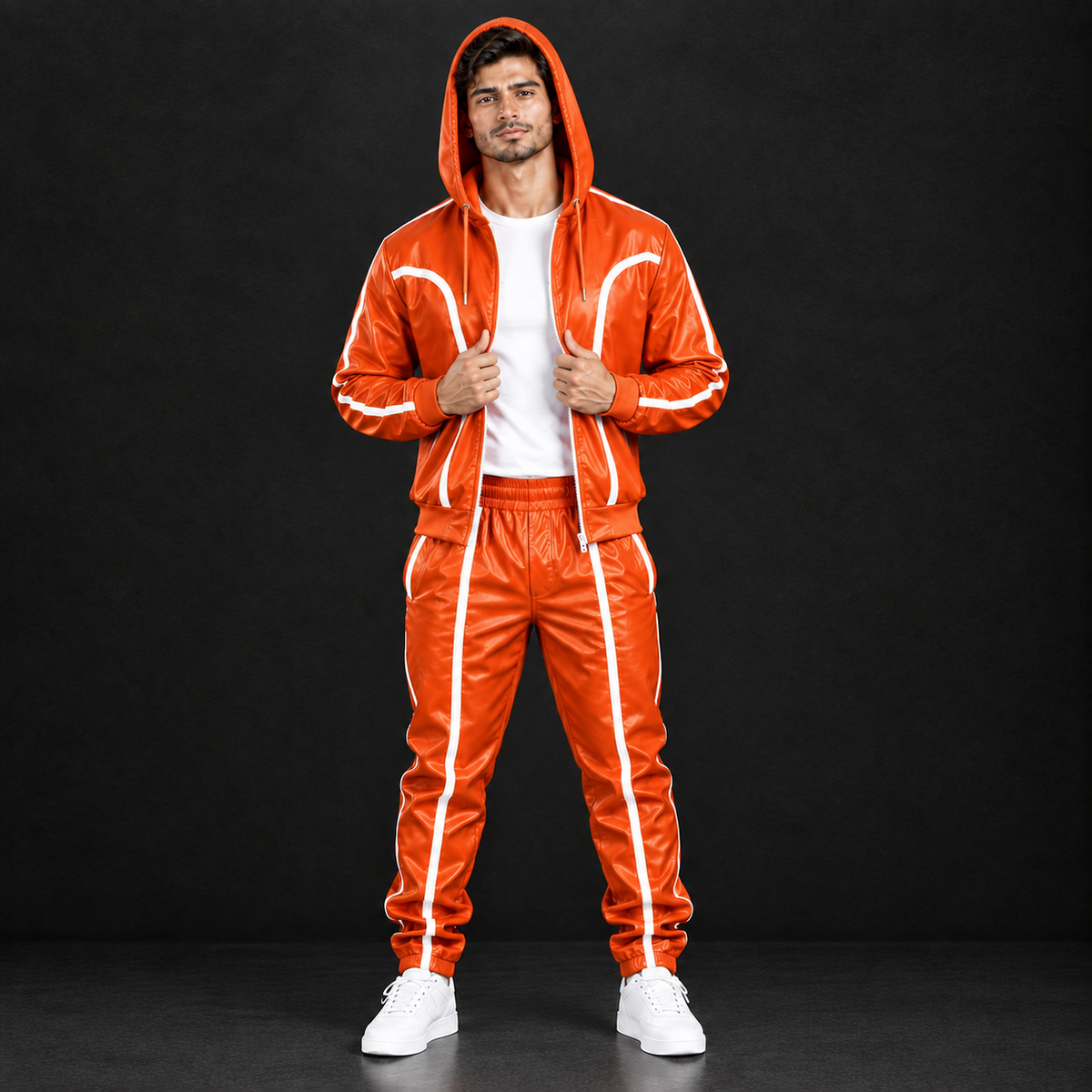 Cowhide Leather Tracksuit – Hooded Jacket & Jogger Set [Orange/White]