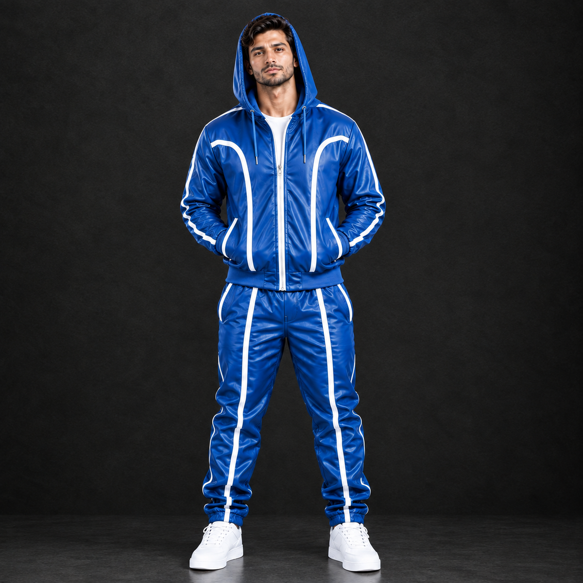 Cowhide Leather Tracksuit – Hooded Jacket & Jogger Set [Blue/White]