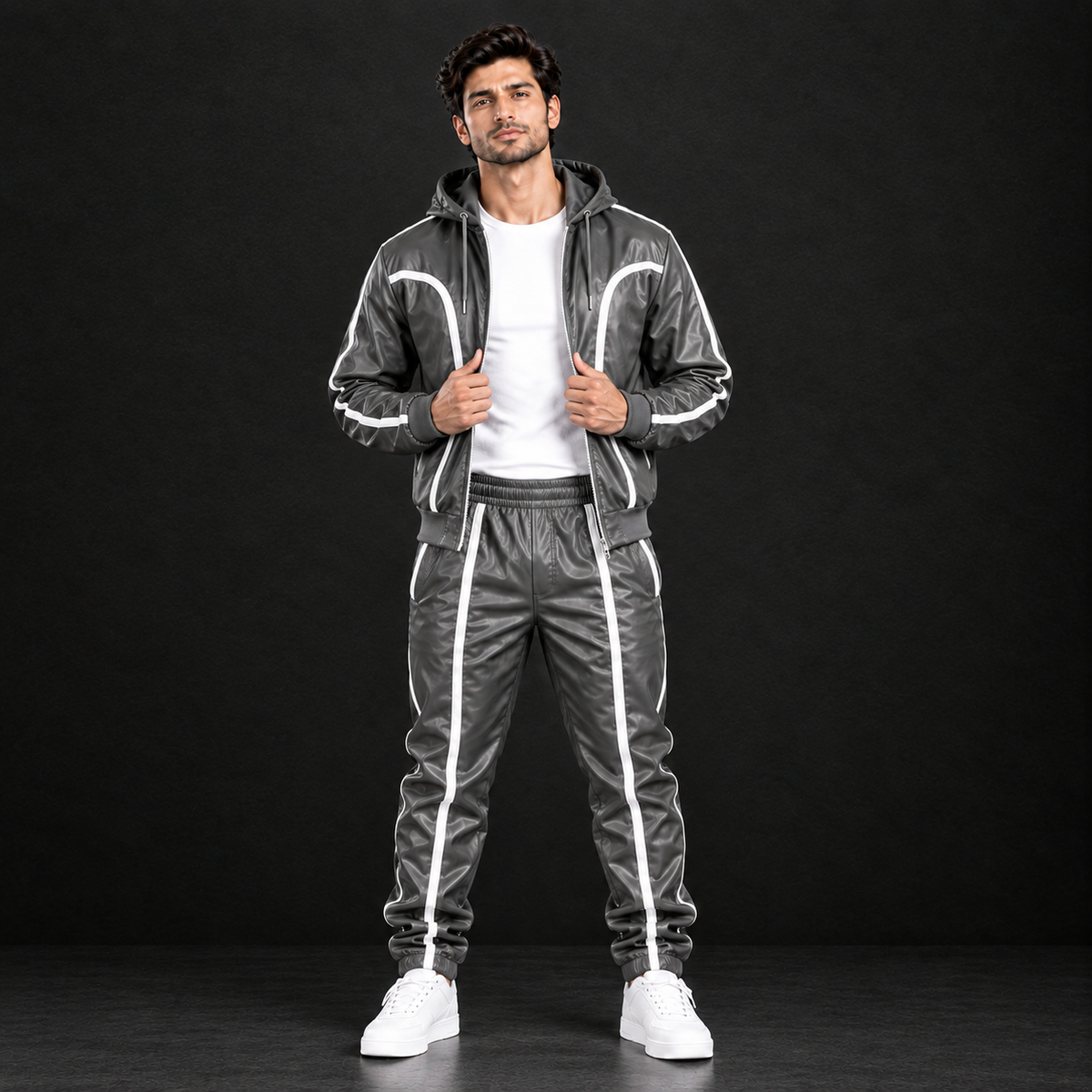 Cowhide Leather Tracksuit – Hooded Jacket & Jogger Set [Grey/White]