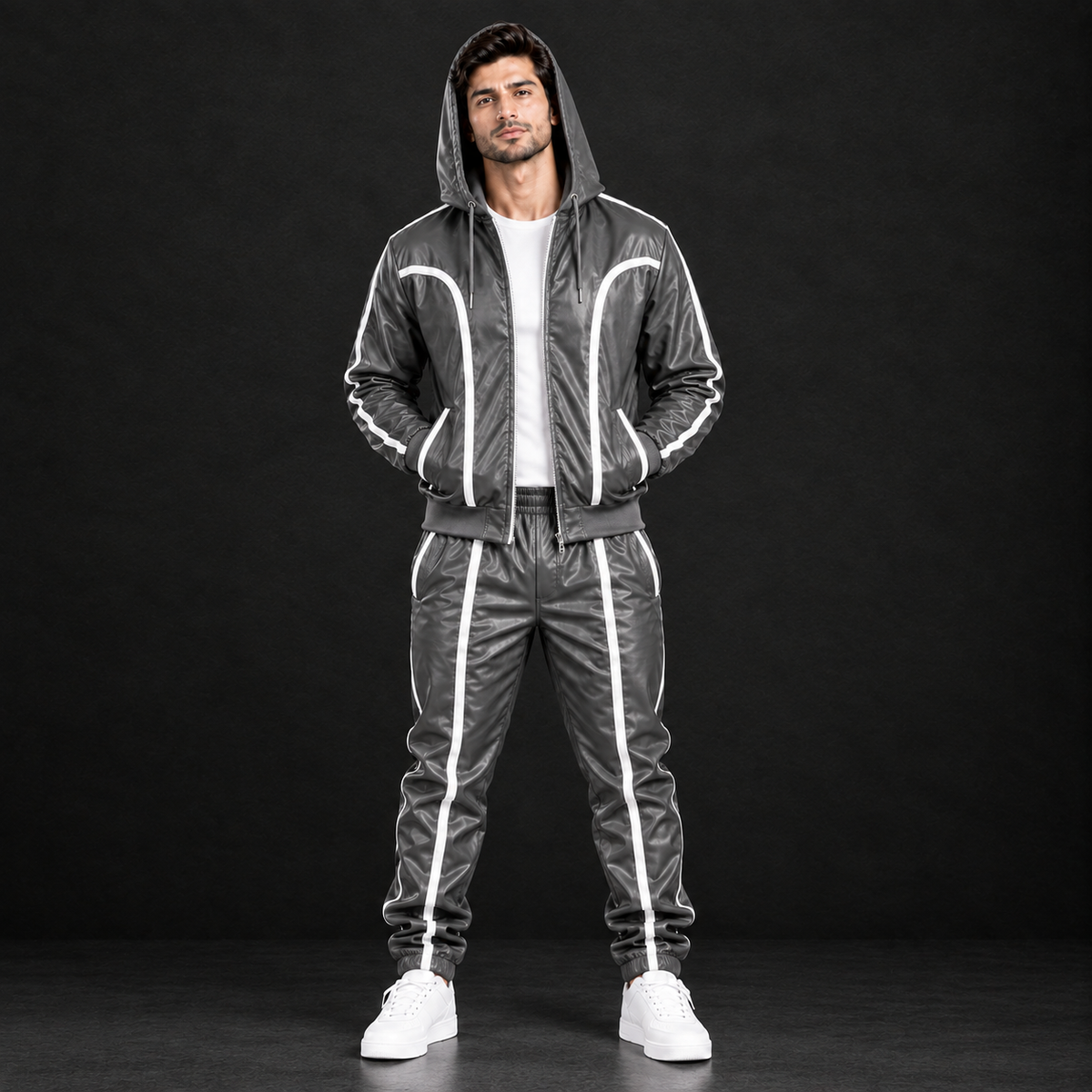 Cowhide Leather Tracksuit – Hooded Jacket & Jogger Set [Grey/White]
