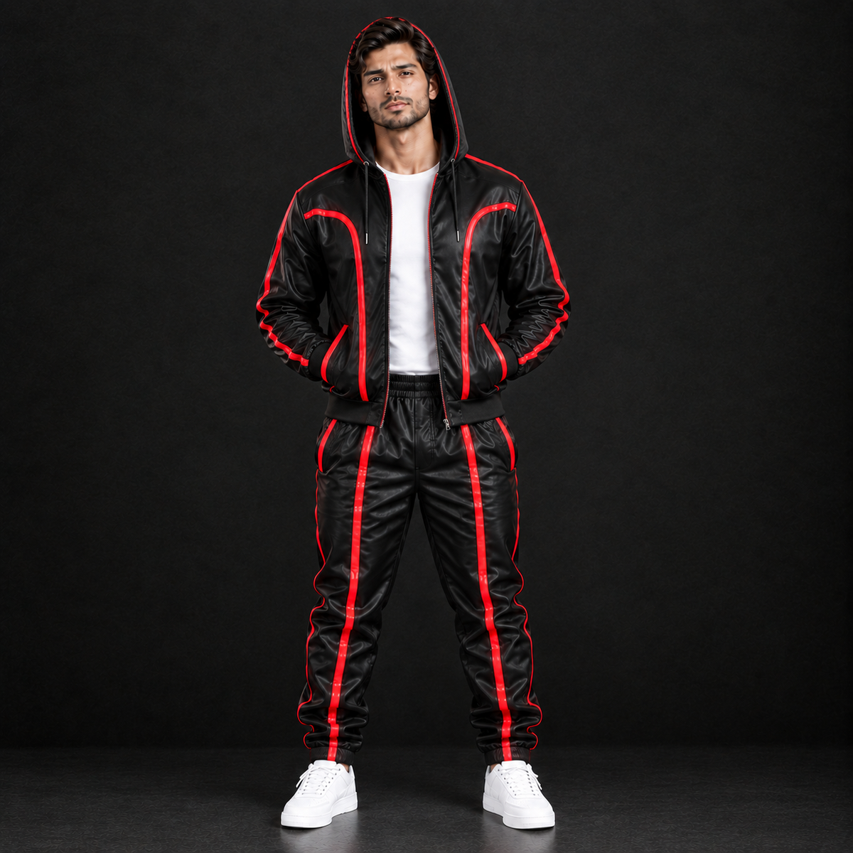 Men's Brayden Leather Track Suit Sweatsuit – Hooded [Black/Red]