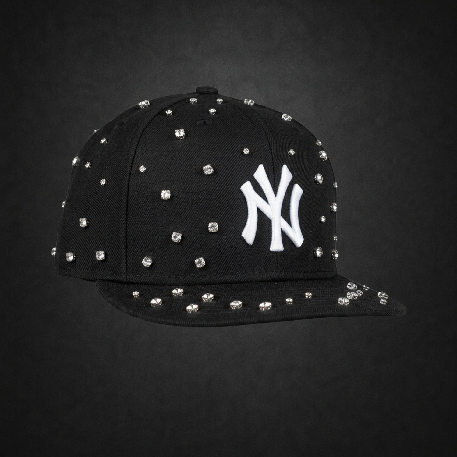New York Yankees Iced Out New Era Fitted Black Hat with Rhinestones